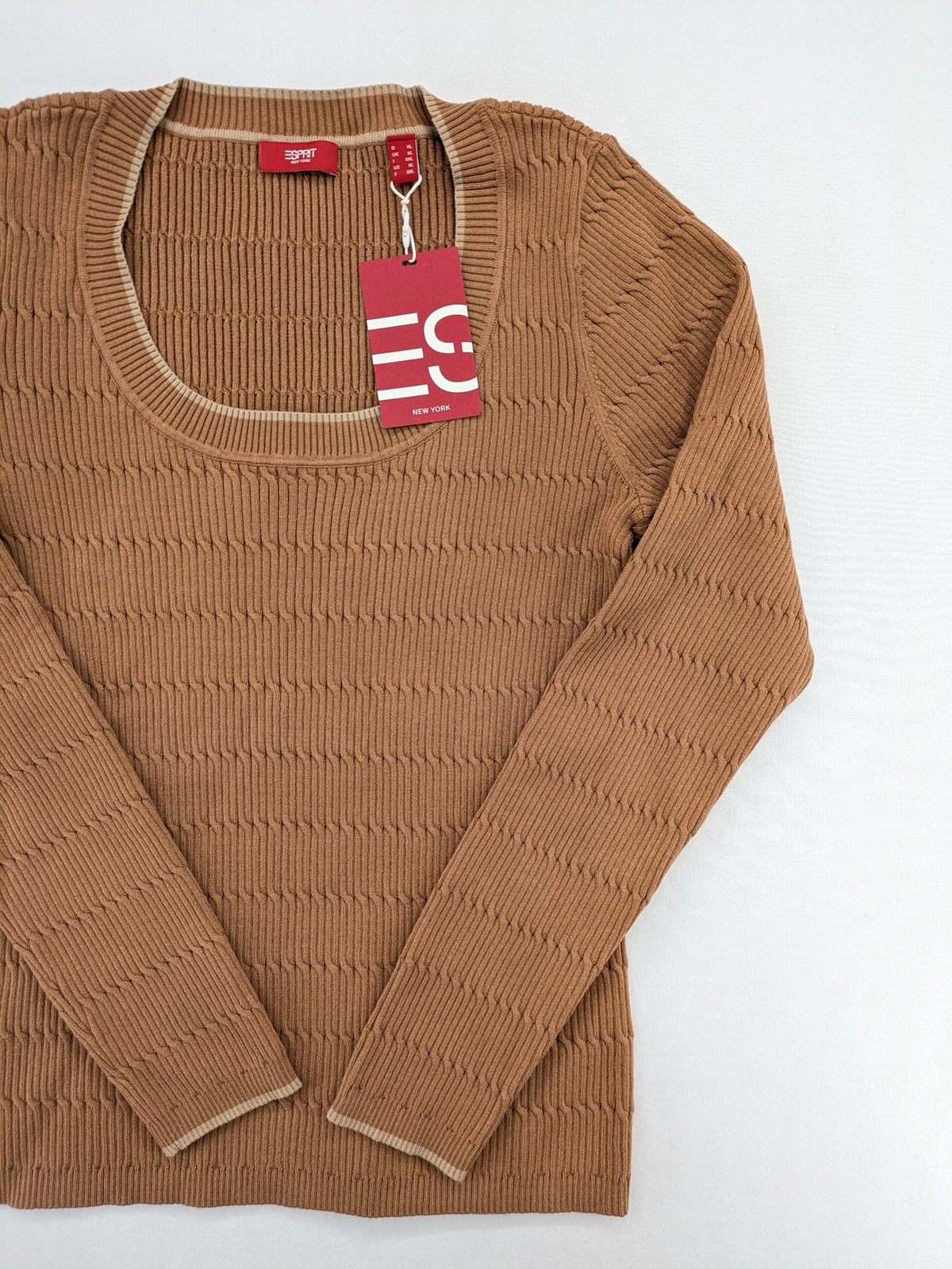 Esprit brown turtle neck jumper with ribbed texture and wide U-neckline.