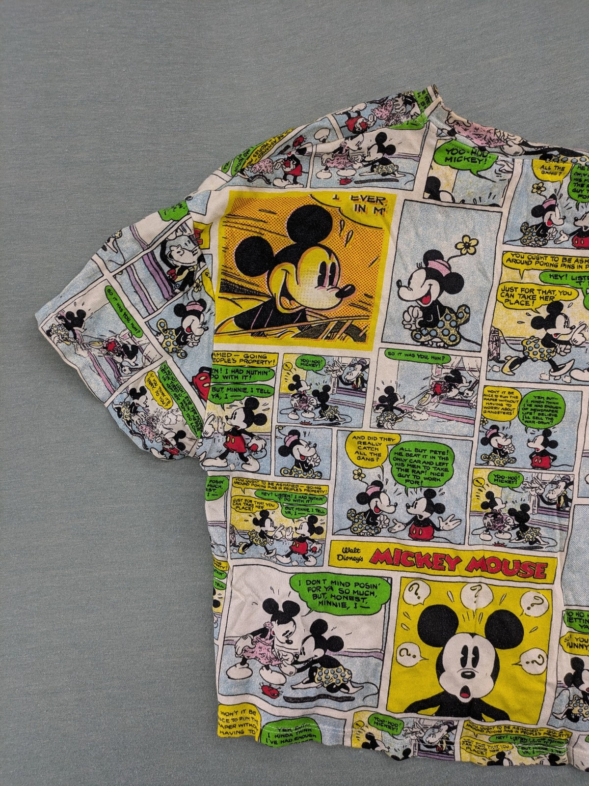 Zara multi-coloured cropped t-shirt featuring vibrant Mickey Mouse comic print and short sleeves.