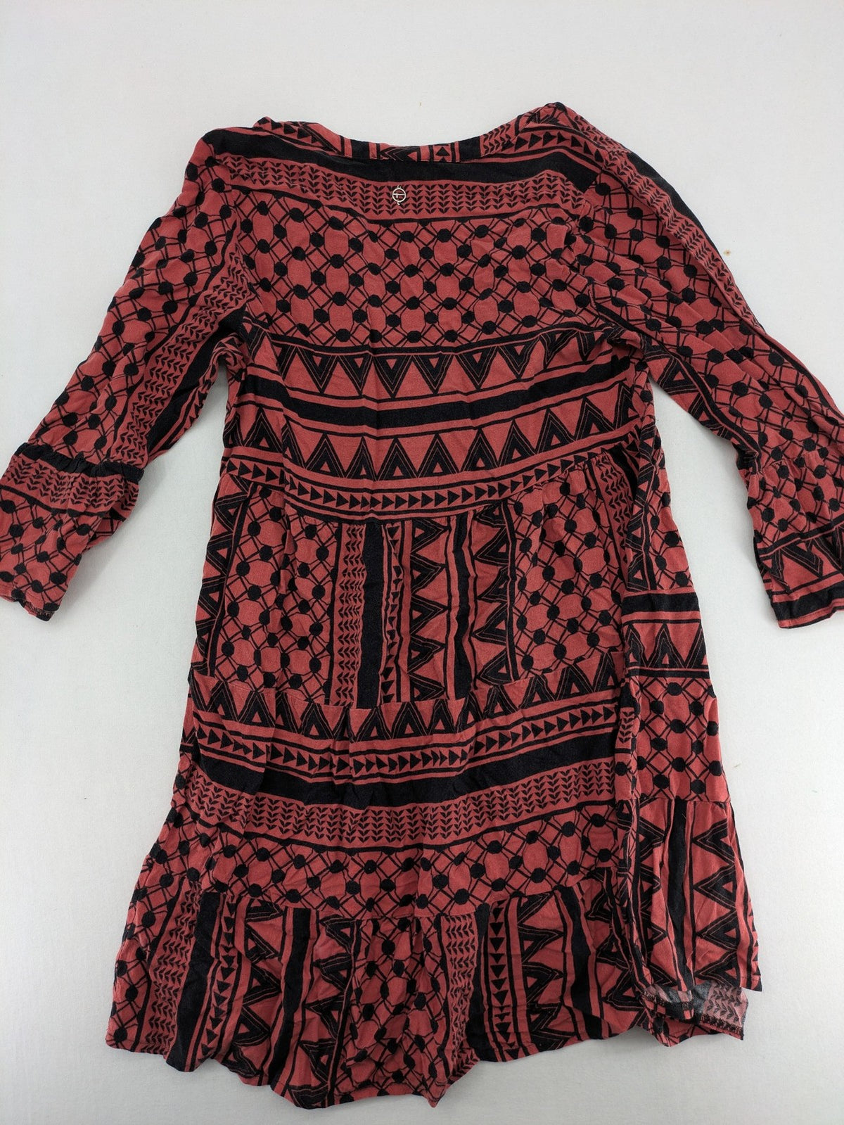 Tamaris boho tunic dress black red geometric pattern V-neck 3/4 bell sleeves