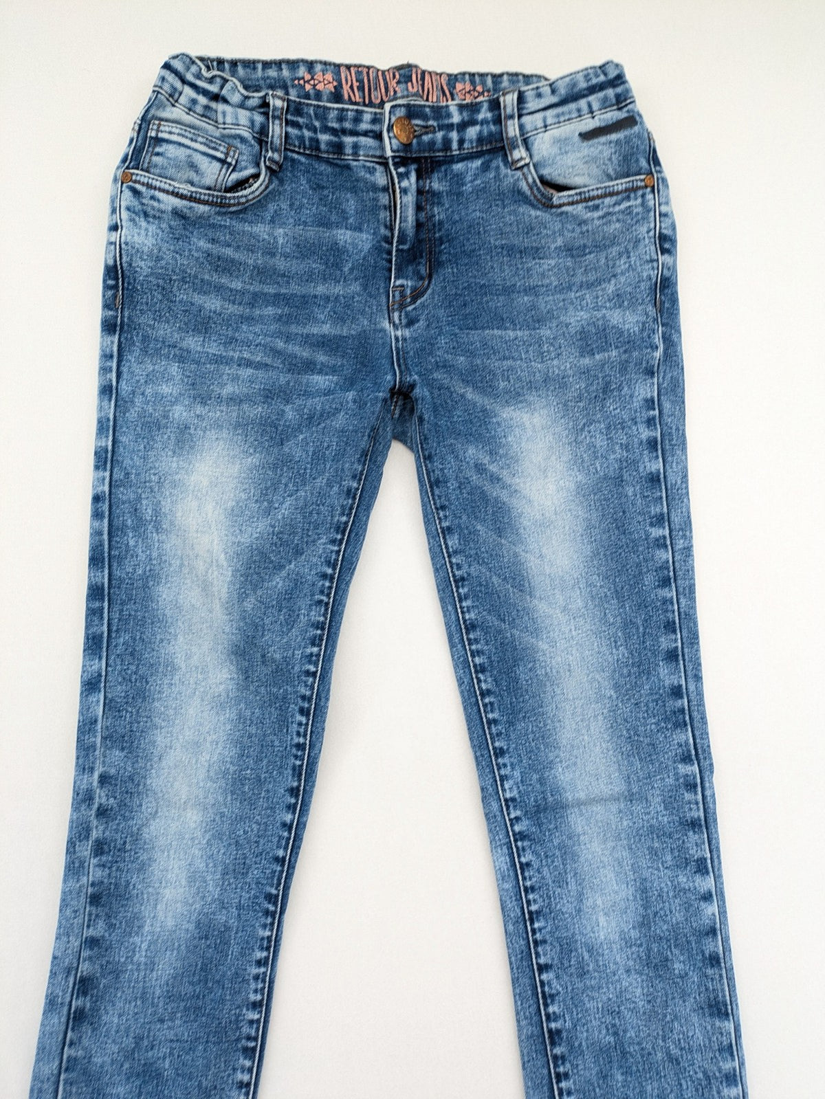 Retour blue slim fit jeans with classic 5-pocket style and adjustable waistband.