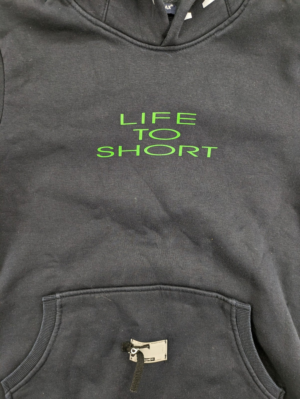 Bahamax zip-through hoodie grey with green hood, "Life To Short" print, and unique sleeve embroidery.