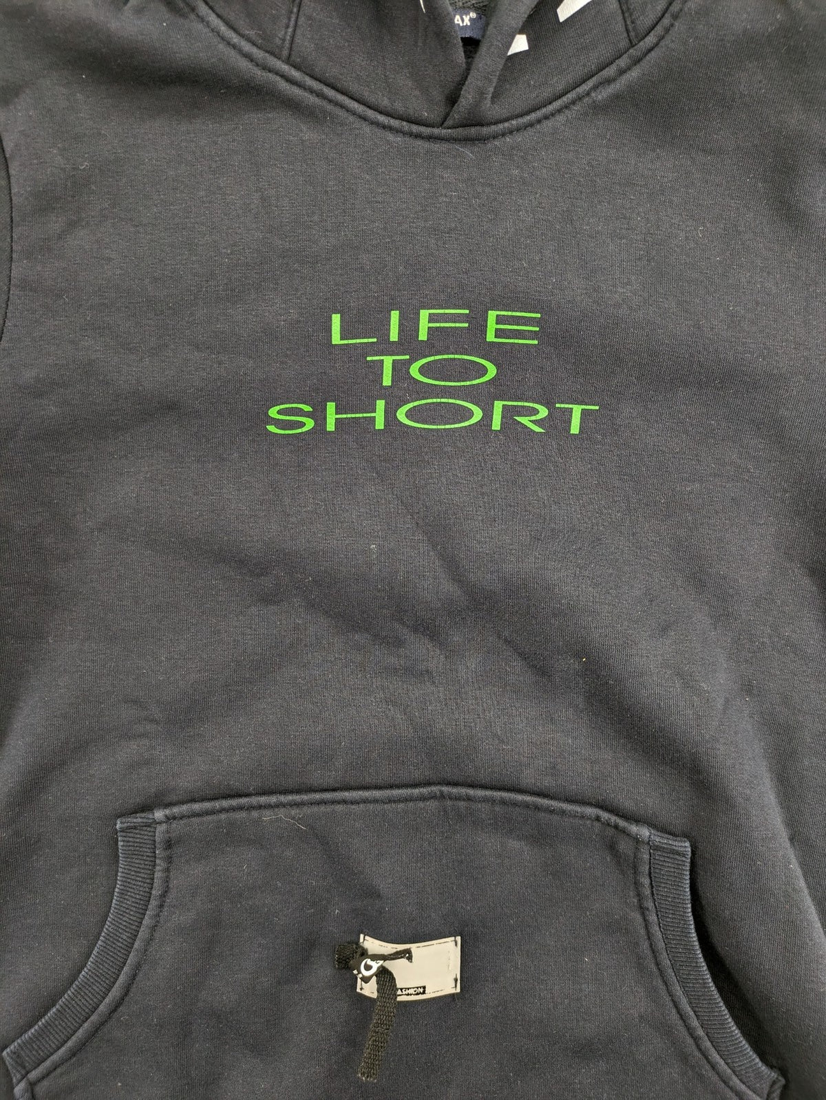 Bahamax zip-through hoodie grey with green hood, "Life To Short" print, and unique sleeve embroidery.