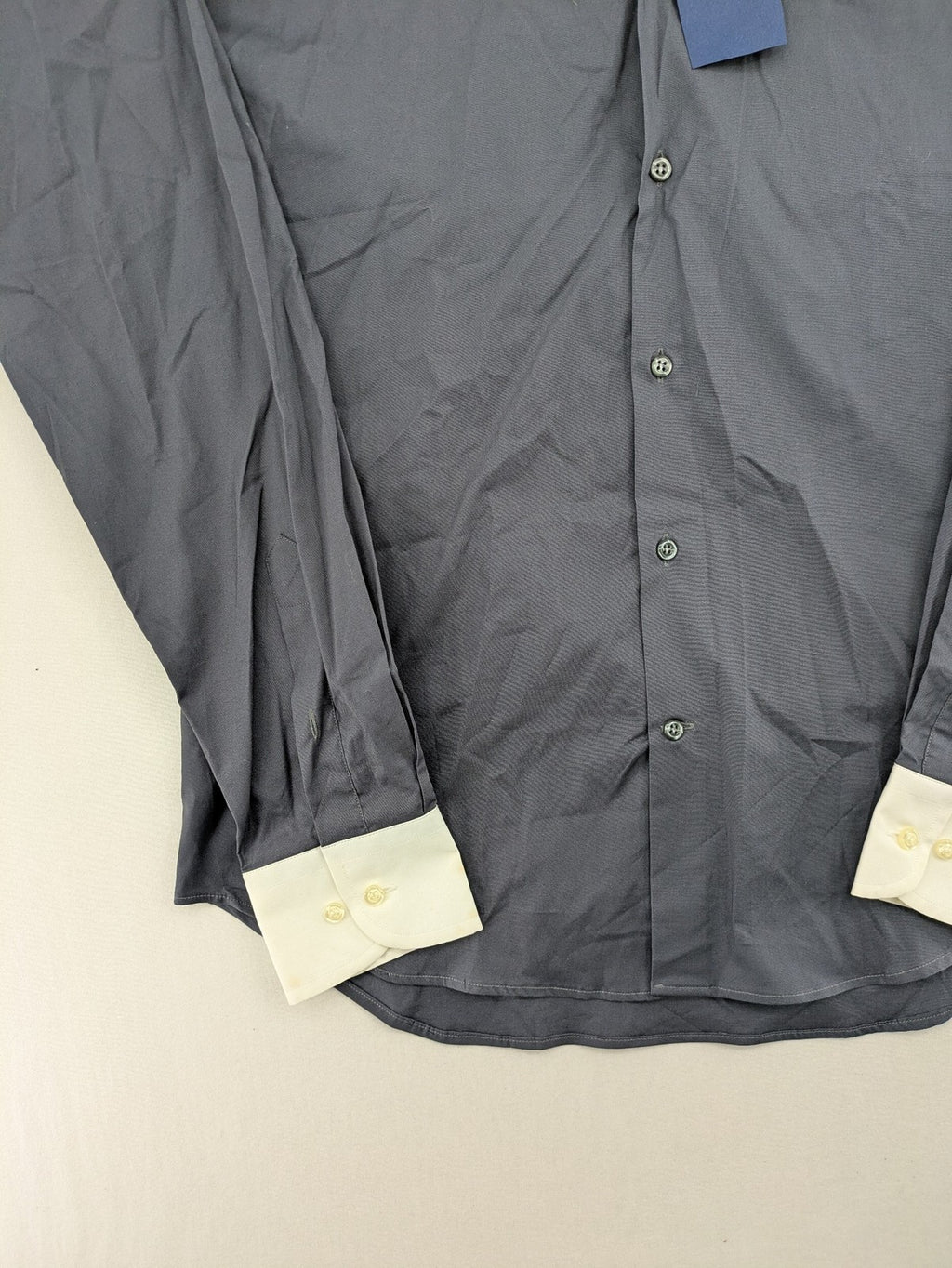 bageTTi grey button-down shirt with white contrast collar and cuffs, cotton blend material.
