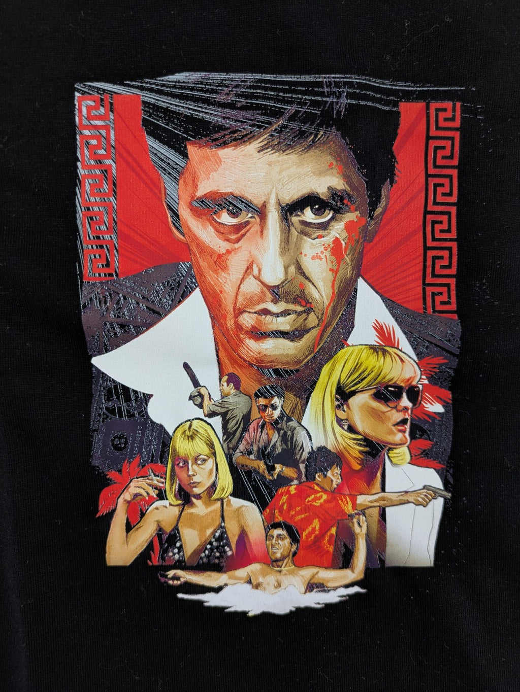 Scarface cream t-shirt featuring vibrant Tony Montana graphic print, made of 100% cotton.