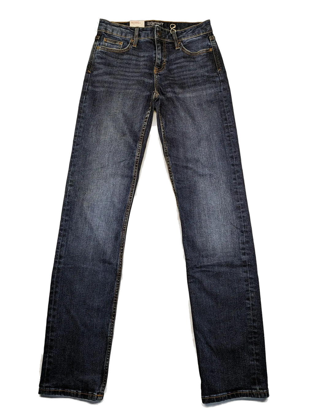 Esprit blue straight leg jeans mid rise 5-pocket design with zipper, dark wash.