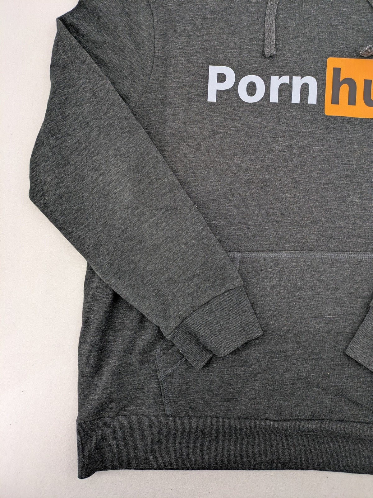 Pornhub grey zip-through hoodie with prominent logo and kangaroo pocket, cotton blend.