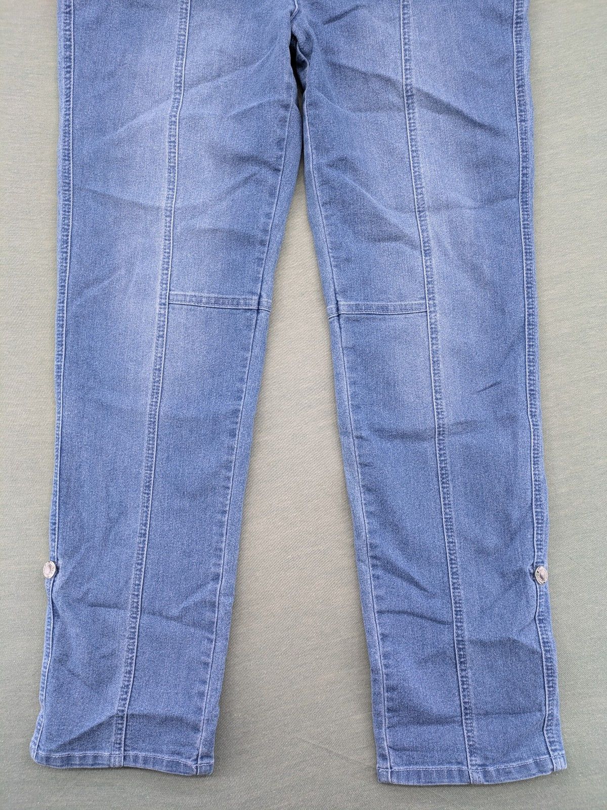 john baner blue straight jeans with decorative seams and button accents, stretch cotton blend