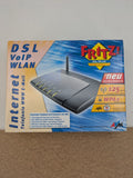AVM wireless router black grey yellow with logo and integrated DSL modem features.