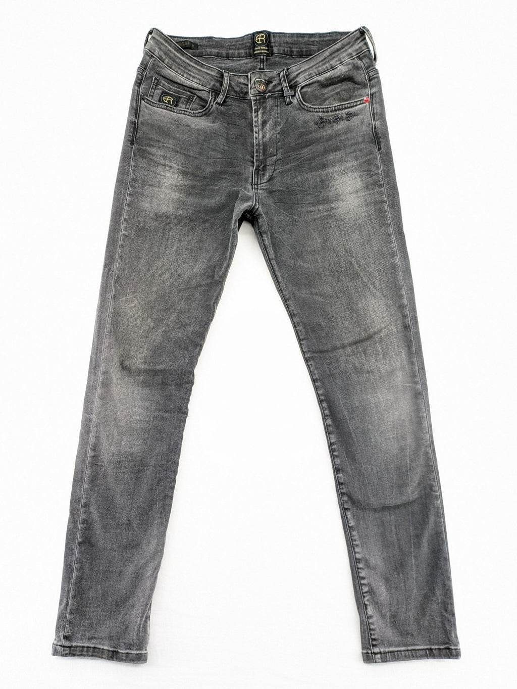 Elias Rumelis grey super slim fit jeans with stitched logo and subtle used look.
