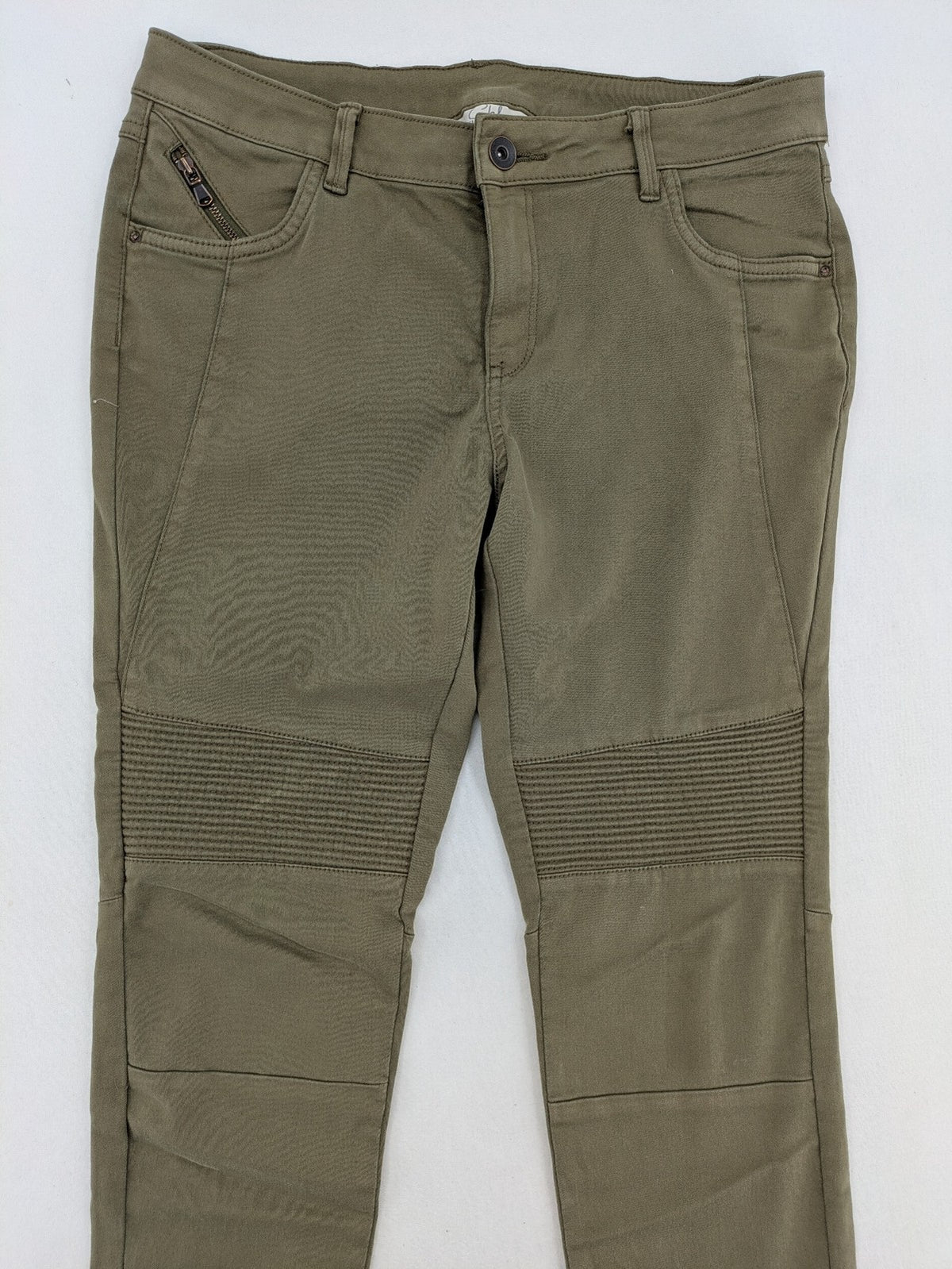 Clockhouse green moto jeggings with ribbed knee panels and ankle zippers.