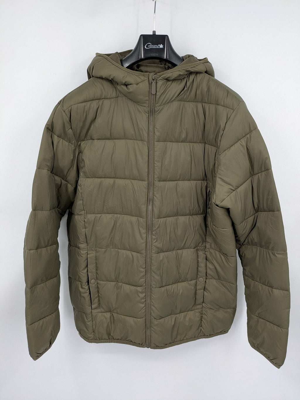 up2 fashion khaki puffer jacket with fixed hood, lightweight quilted design, full zipper