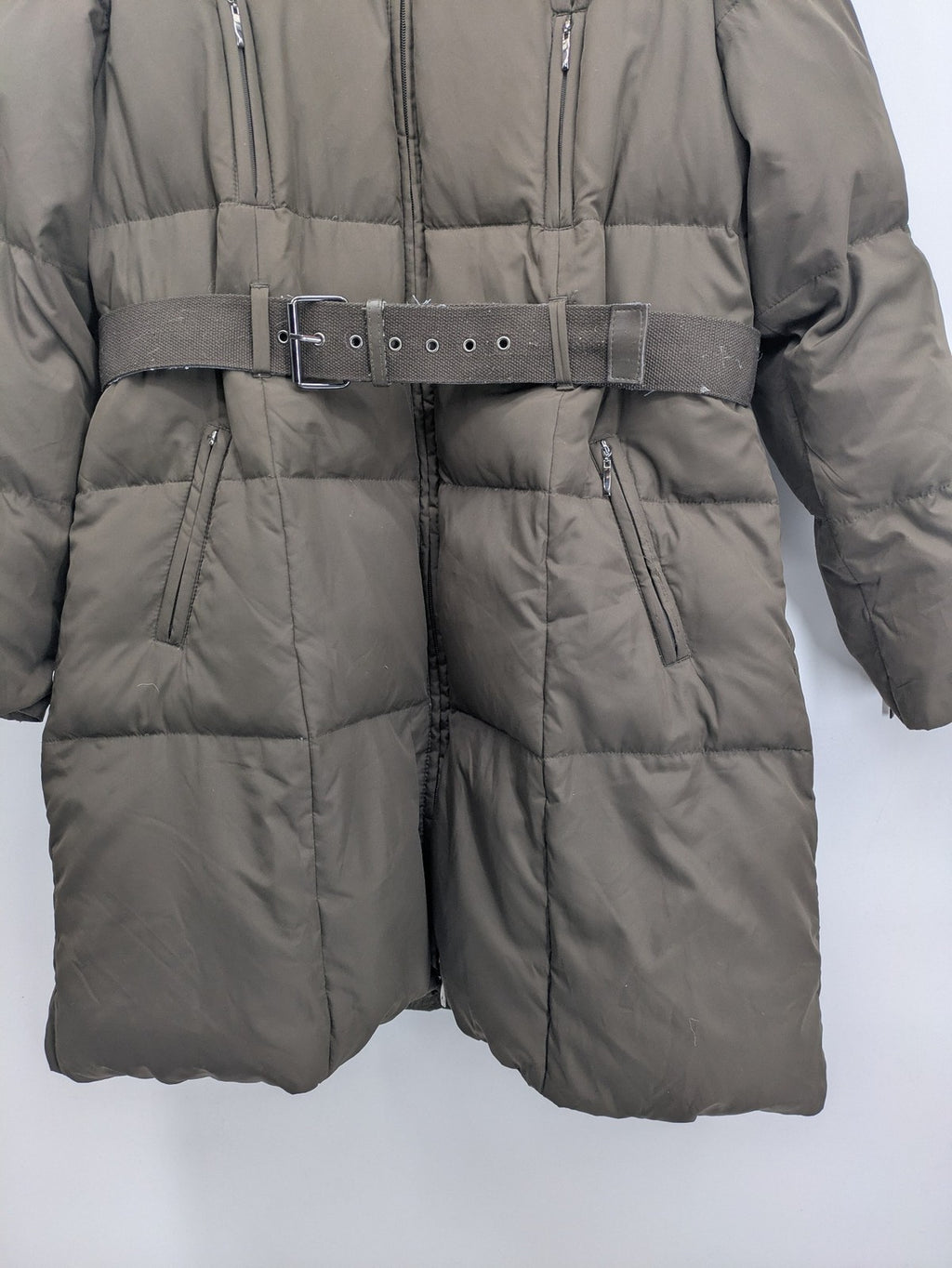 Yessica khaki puffer coat long quilted design with belt, zip pockets, and hood.