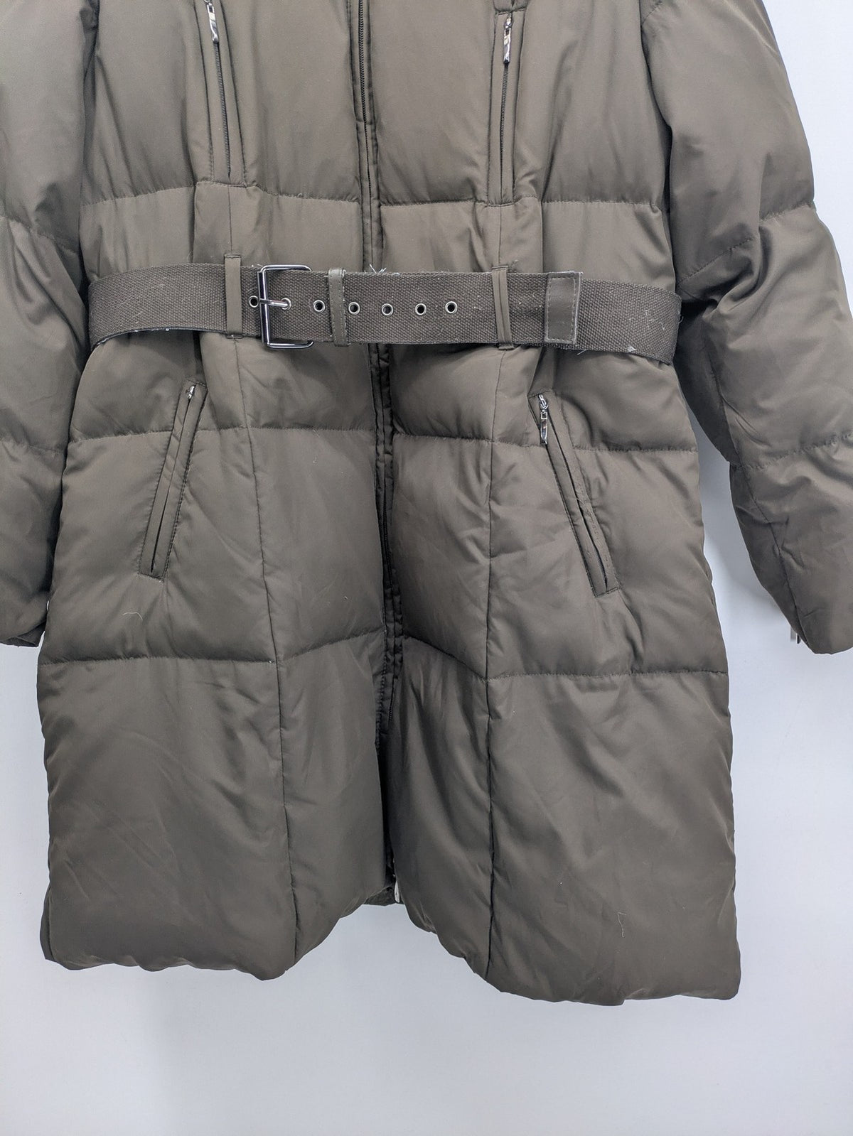 Yessica khaki puffer coat long quilted design with belt, zip pockets, and hood.