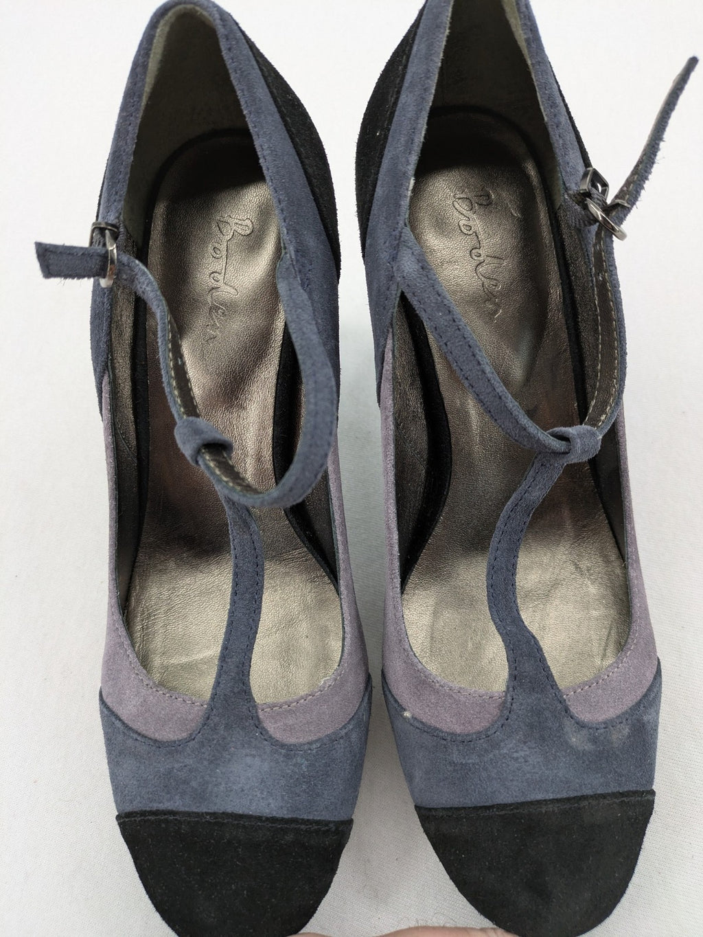 Boden multi high heels suede colorblock design with T-strap and ankle buckle.