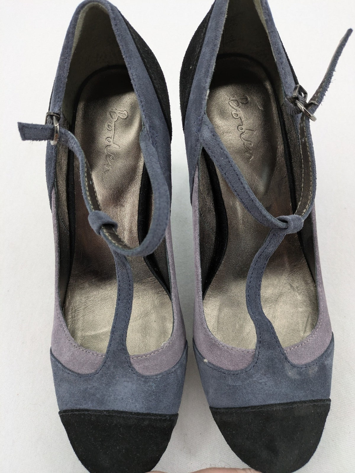 Boden multi high heels suede colorblock design with T-strap and ankle buckle.