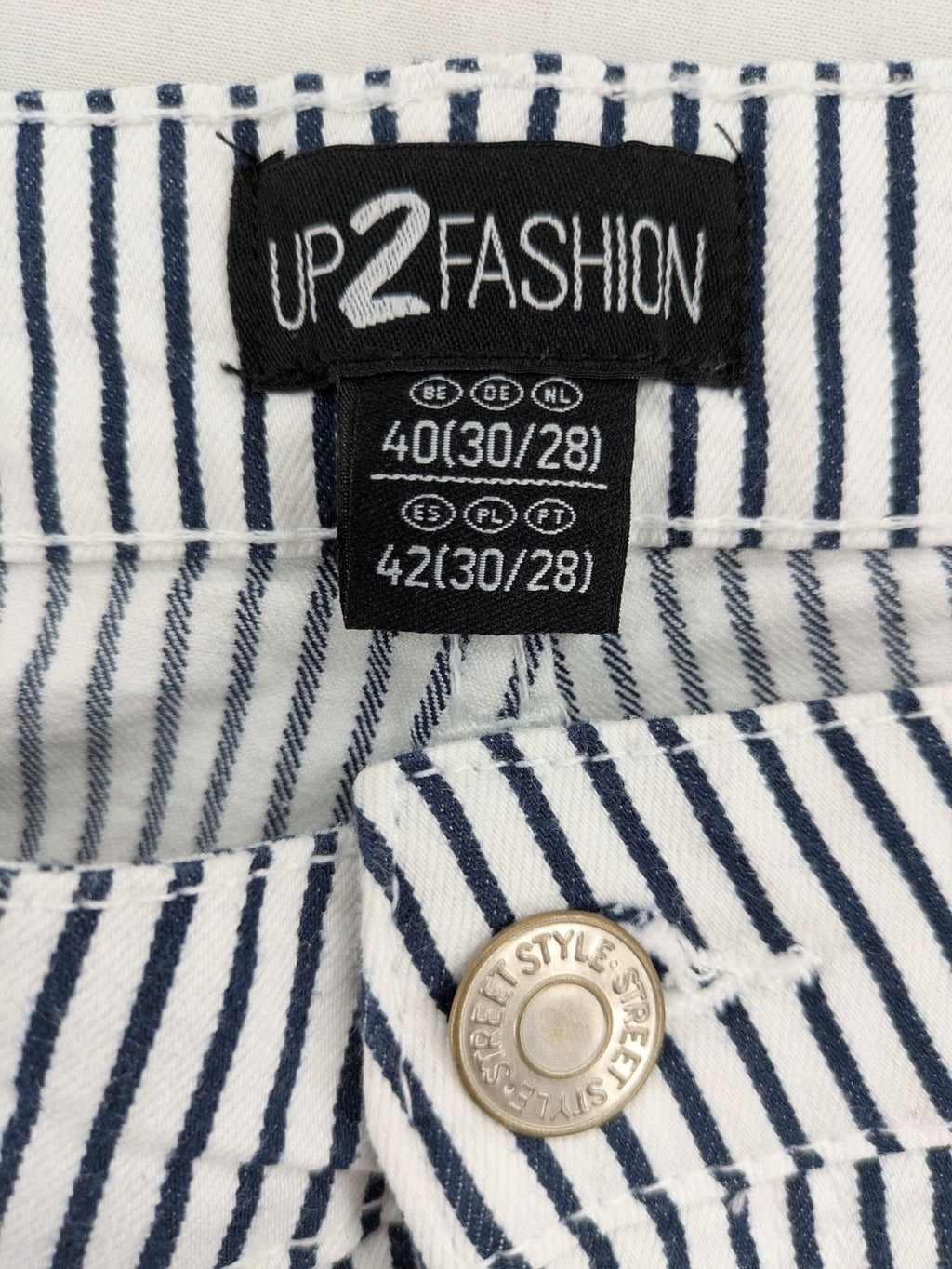 UP2FASHION blue and white striped straight jeans with five-pocket style and cotton stretch material.