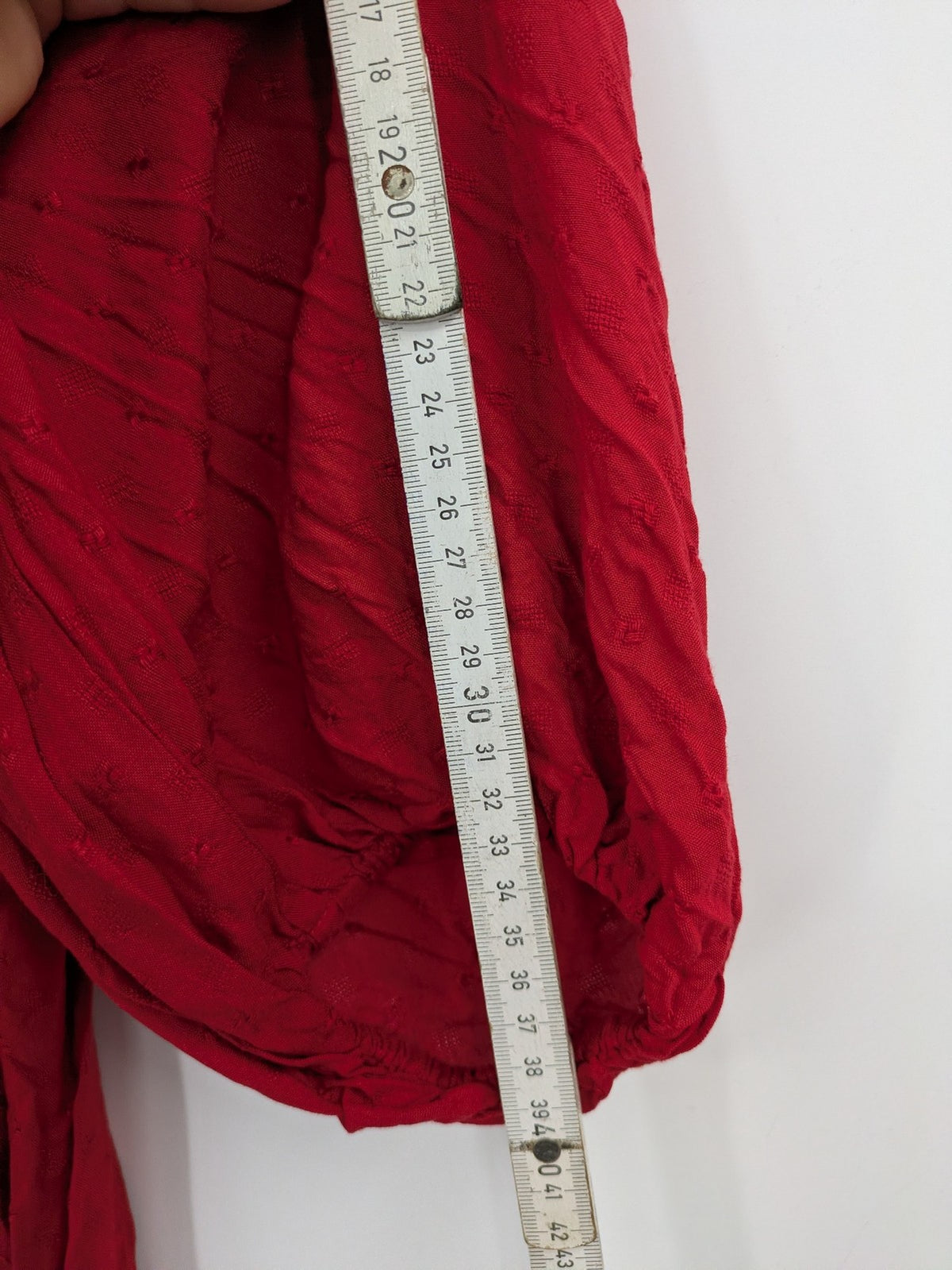 NEXT red midi dress with puff sleeves, smocked bodice, and stylish back cut-out.
