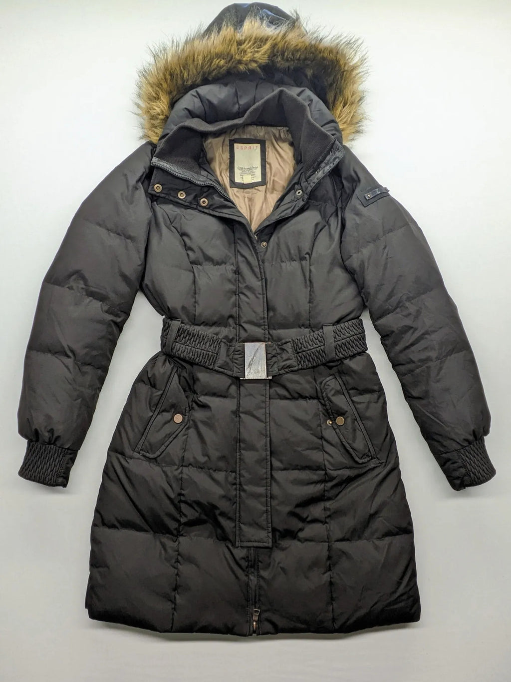 Esprit black quilted coat with removable faux fur hood and elastic waist belt.