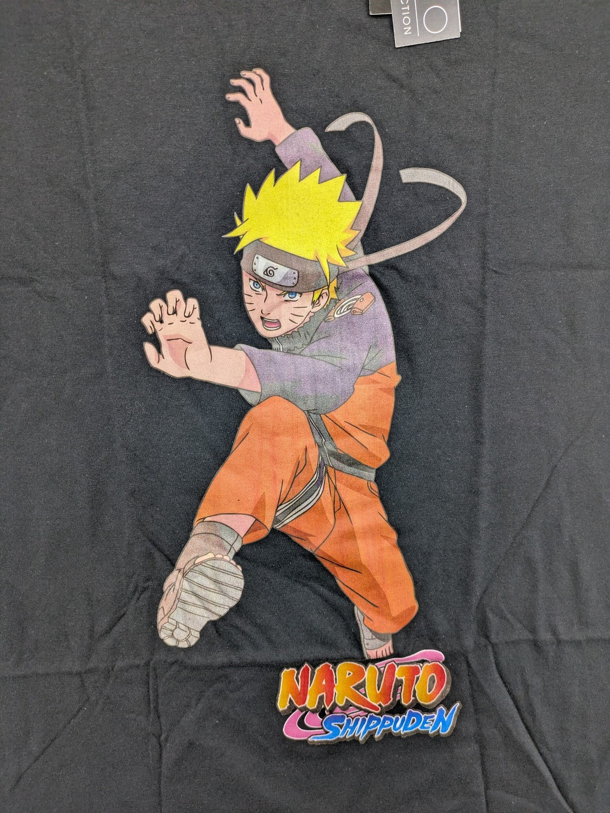 Naruto Shippuden black graphic t-shirt featuring colorful Naruto Uzumaki design, 100% cotton.