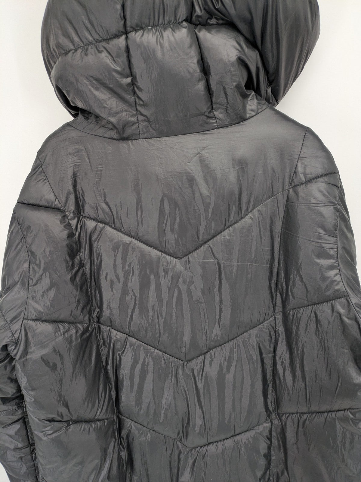 Stradivarius grey coat with chevron quilted pattern and hood, featuring zip closure and snap storm flap.