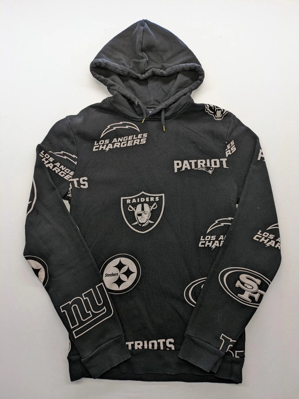 NFL black hoodie all-over team logo print, adjustable hood, cotton blend material.