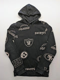 NFL black hoodie all-over team logo print, adjustable hood, cotton blend material.