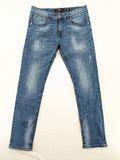Crosshatch blue slim fit jeans with faded wash and logo patch on back pocket.
