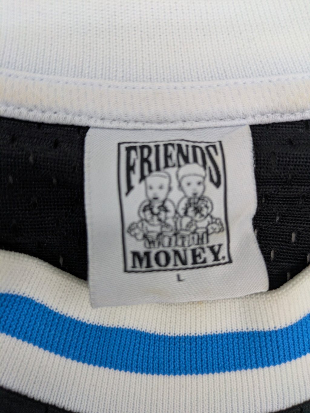 Friends With Money blue basketball jersey black mesh with stylized graphic and number "1