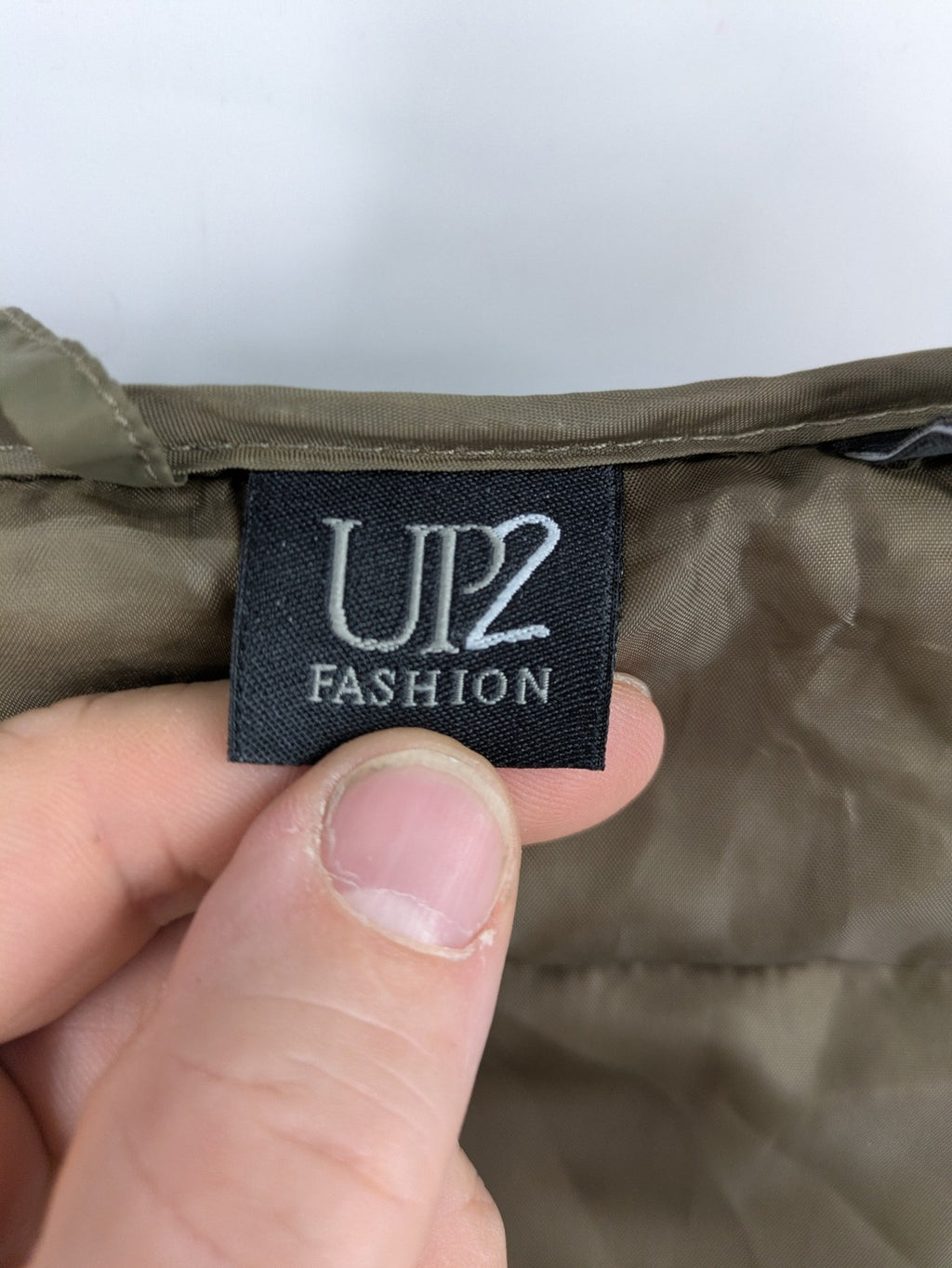 up2 fashion khaki puffer jacket with fixed hood, lightweight quilted design, full zipper