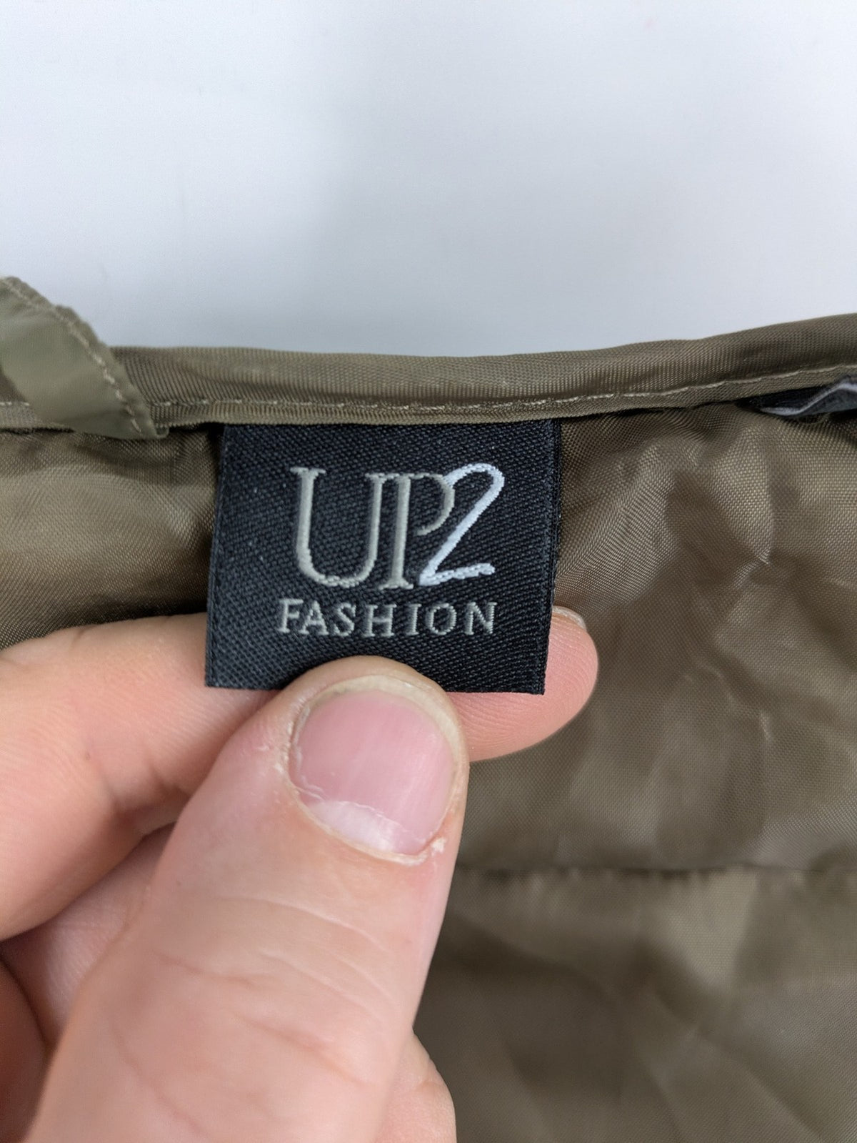 up2 fashion khaki puffer jacket with fixed hood, lightweight quilted design, full zipper