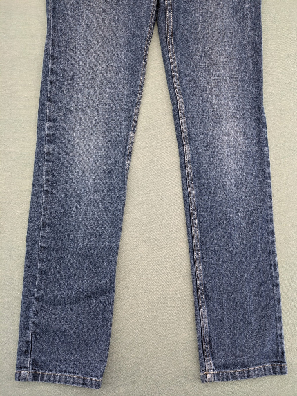 Straight Leg blue pants 100% cotton with decorative stitching and classic 5-pocket style.