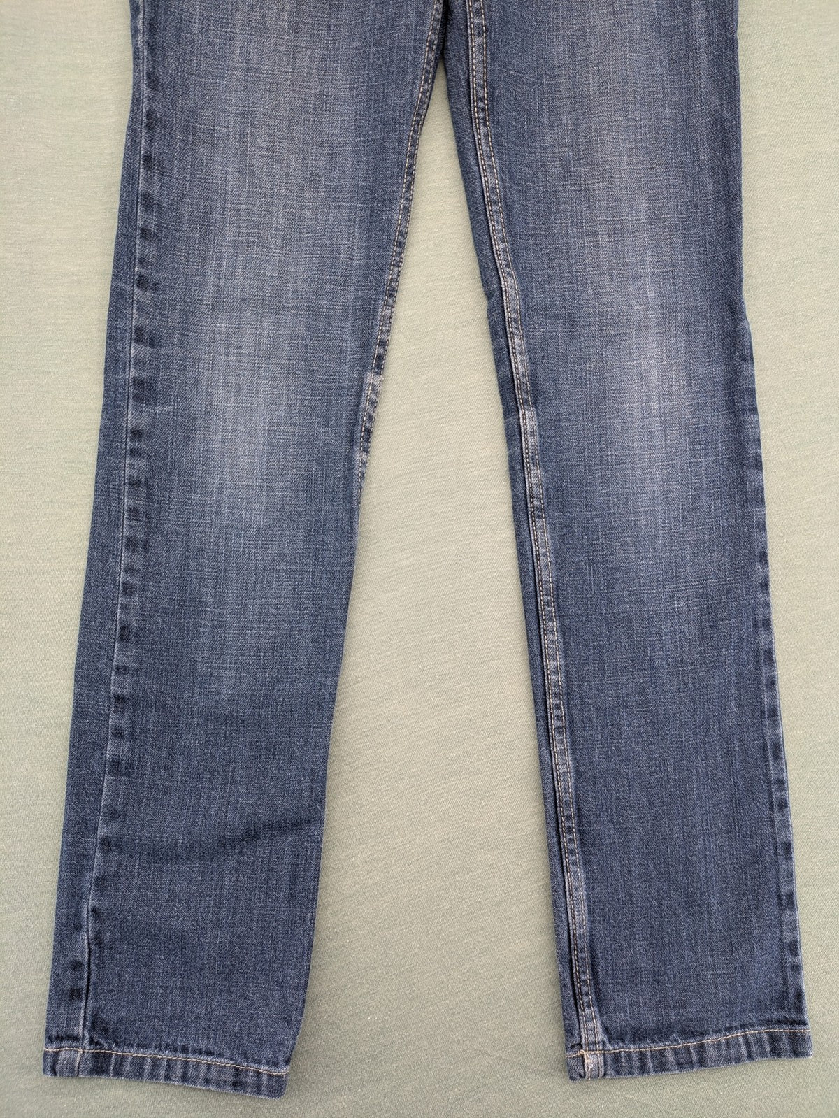 Straight Leg blue pants 100% cotton with decorative stitching and classic 5-pocket style.
