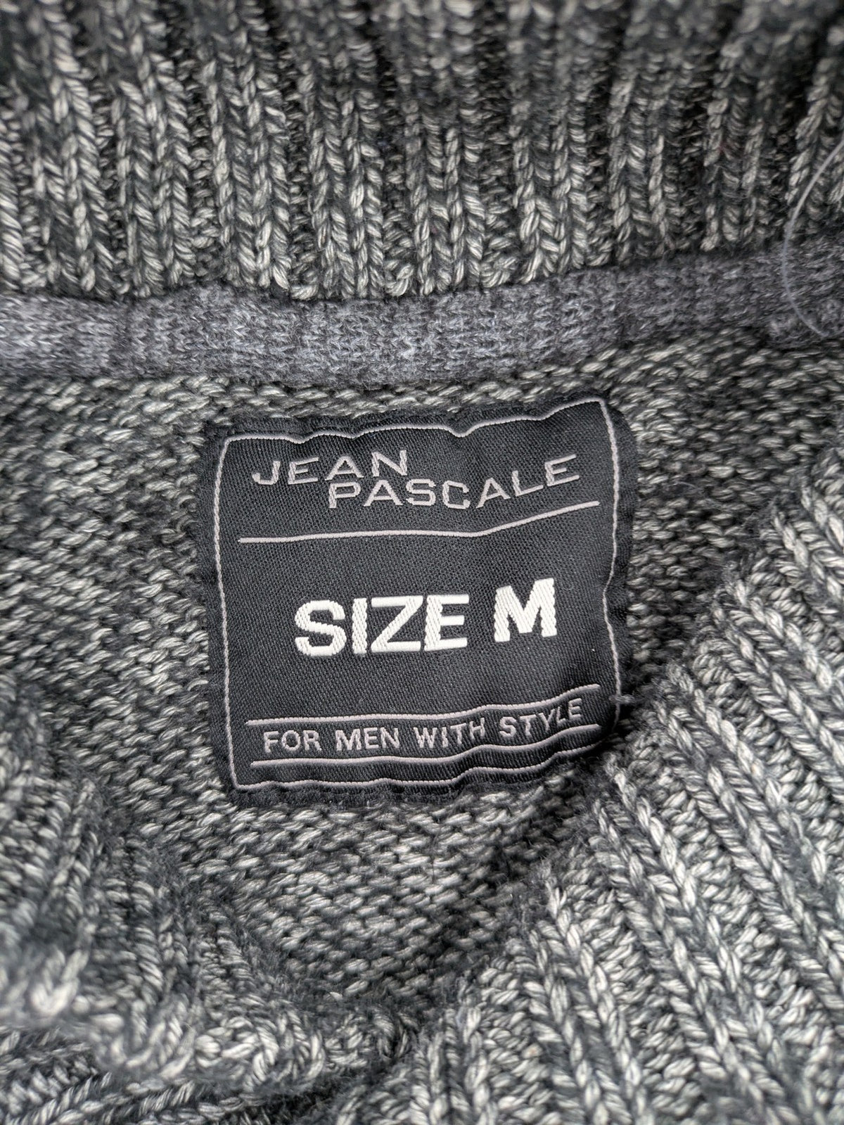 Jean Pascale grey turtle neck jumper with shawl collar and ribbed details.