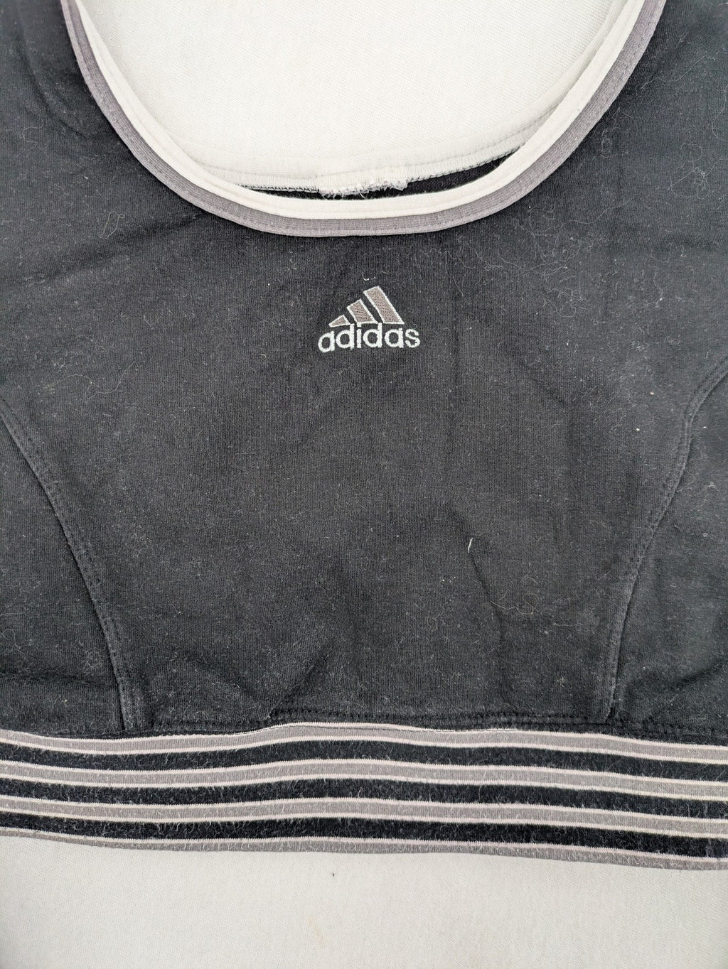 Adidas long sleeve crop top black grey white color-blocking with embroidered logo.