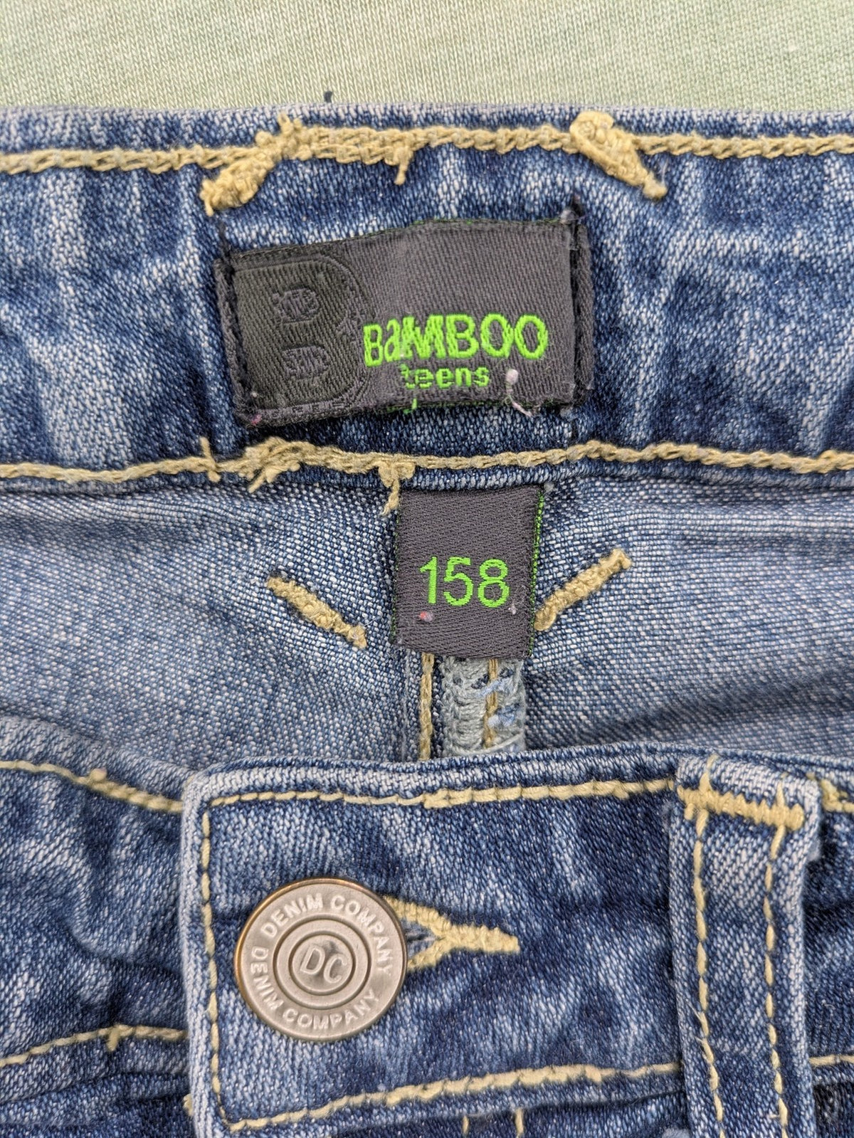 Bamboo blue straight jeans size 158, medium wash, classic 5-pocket style, stretch denim.