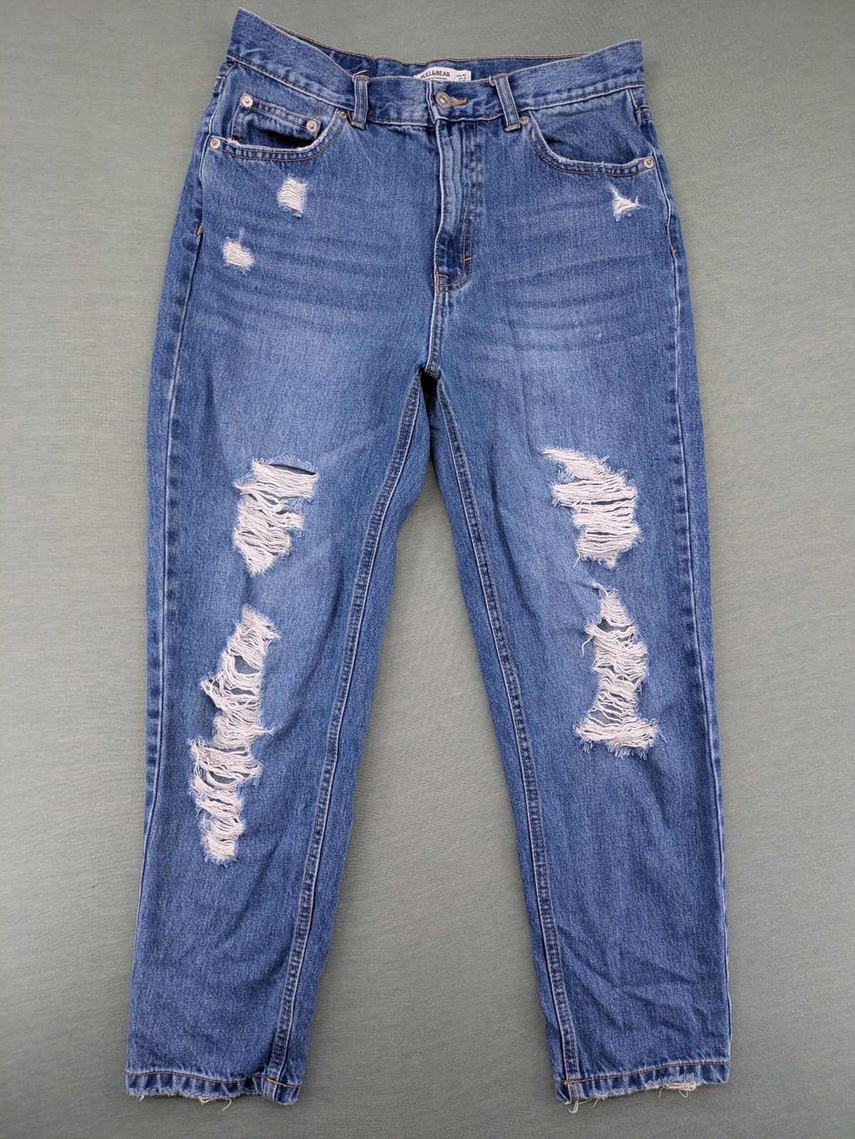 Pull&Bear blue mom jeans high waist distressed ripped design 100% cotton 5-pocket style