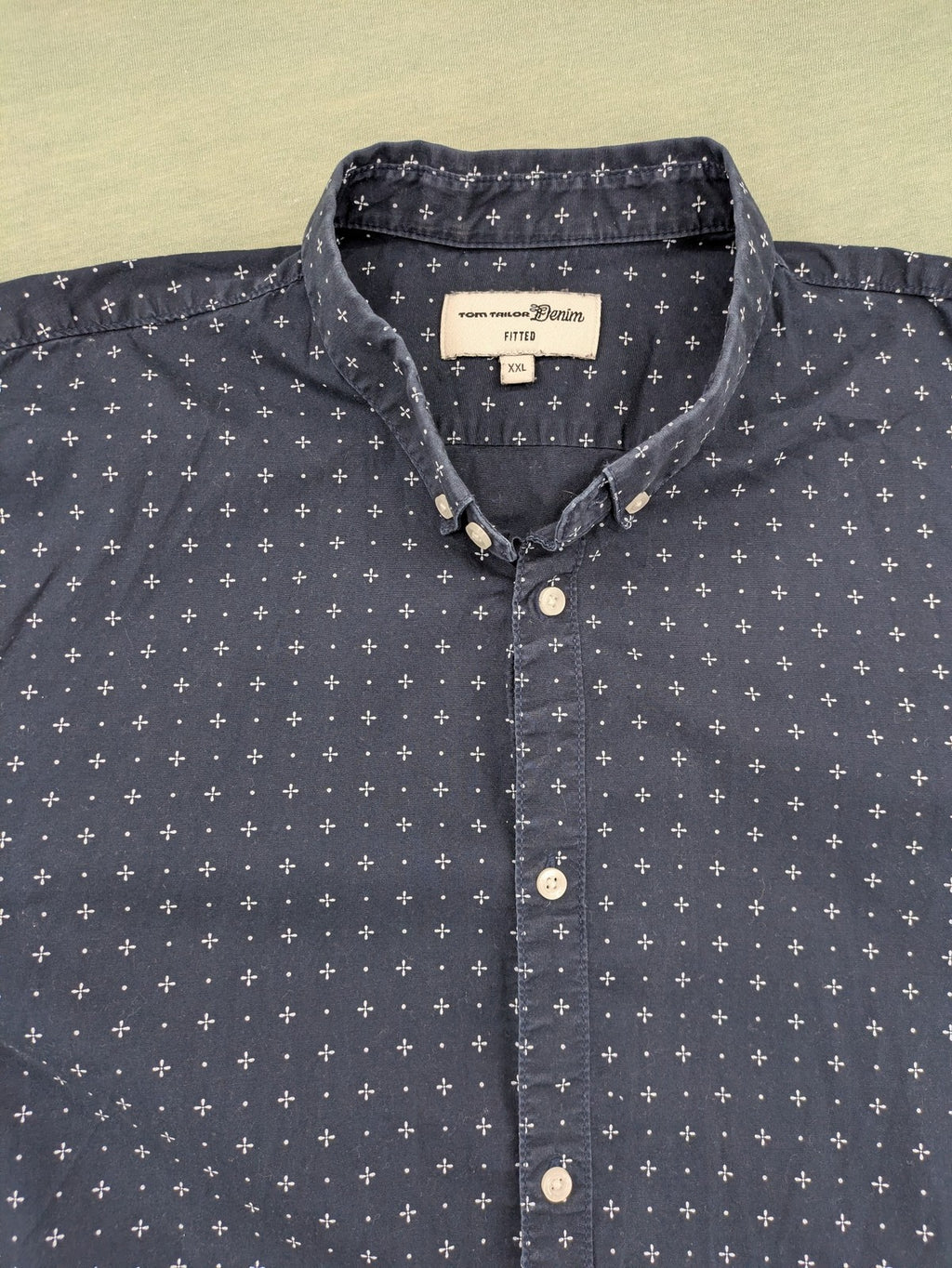 Tom Tailor Denim navy long sleeve shirt fitted cotton button-down with subtle allover pattern.