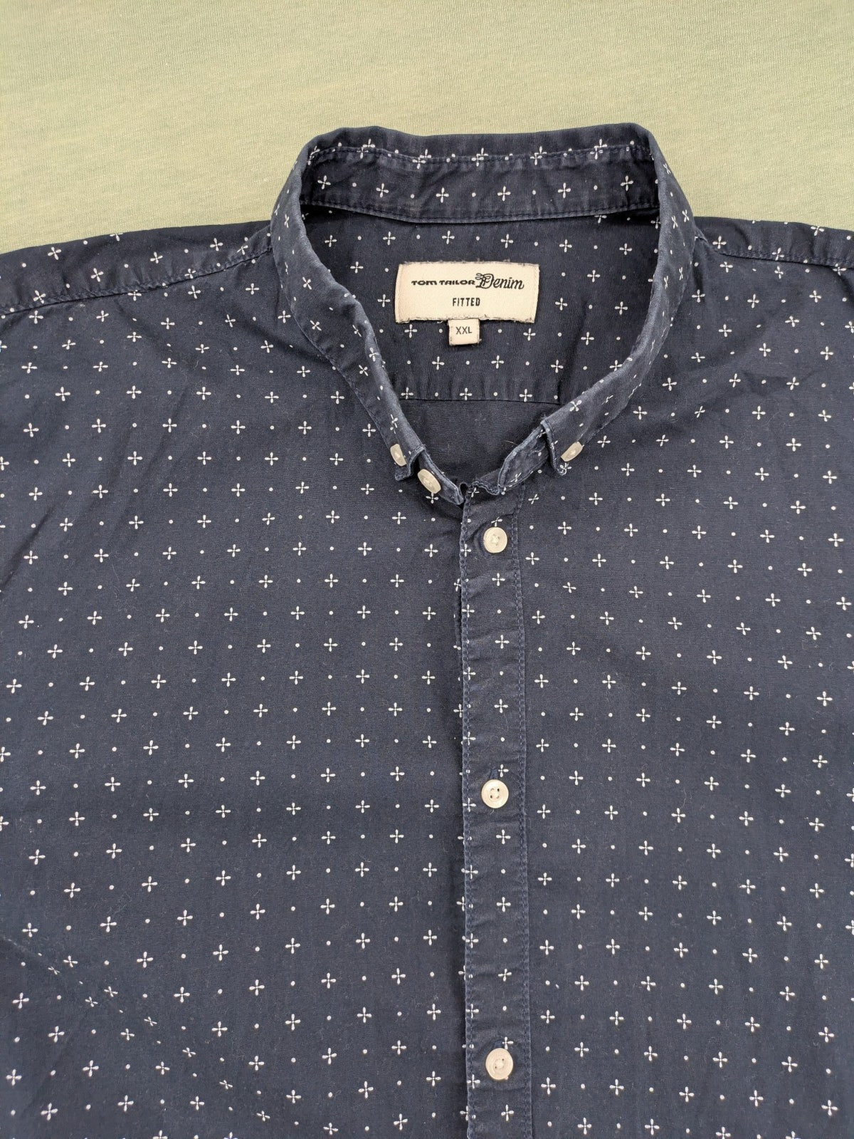 Tom Tailor Denim navy long sleeve shirt fitted cotton button-down with subtle allover pattern.