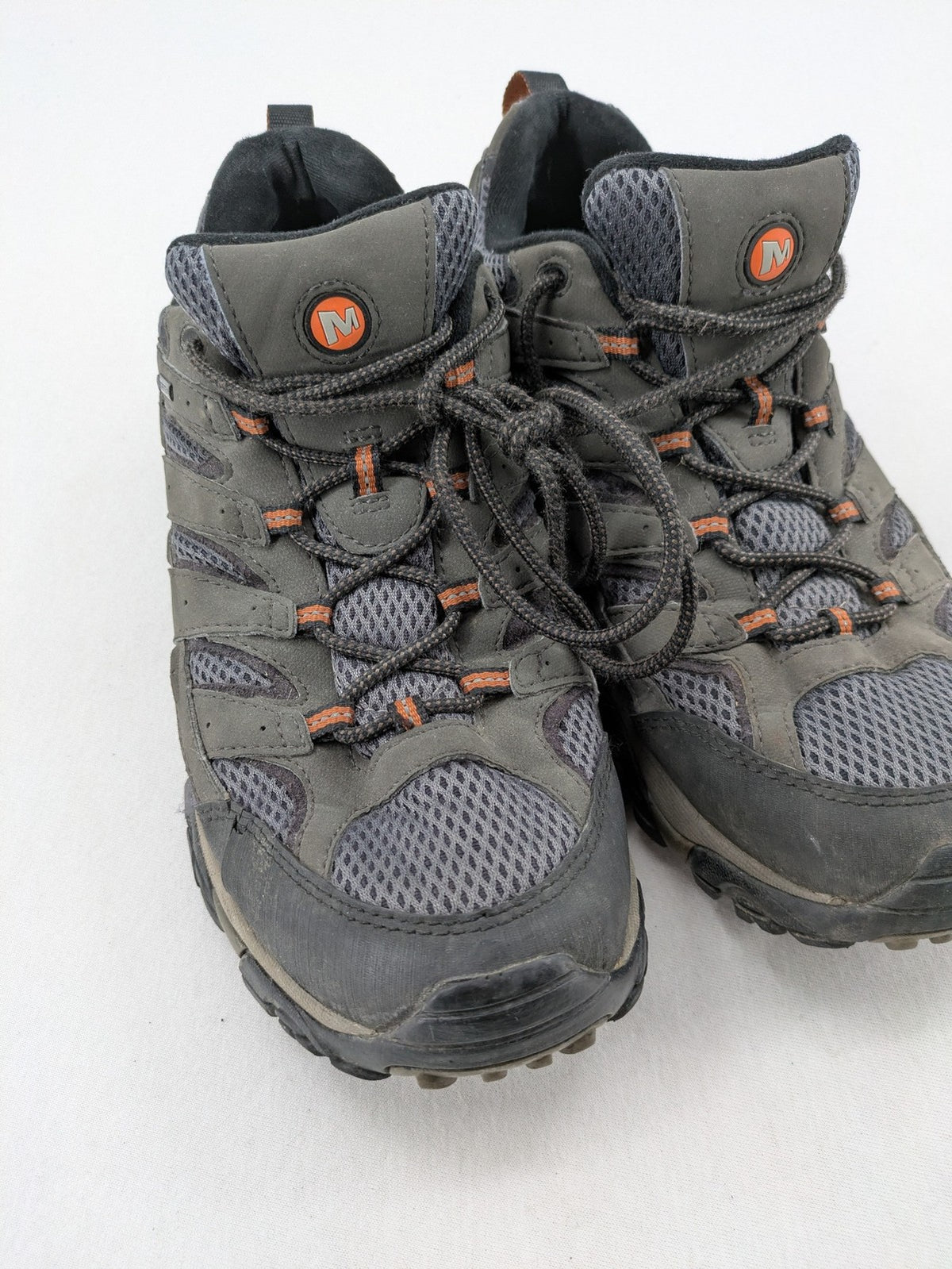 Merrell grey hiking shoes with Gore-Tex membrane and Vibram sole for traction.