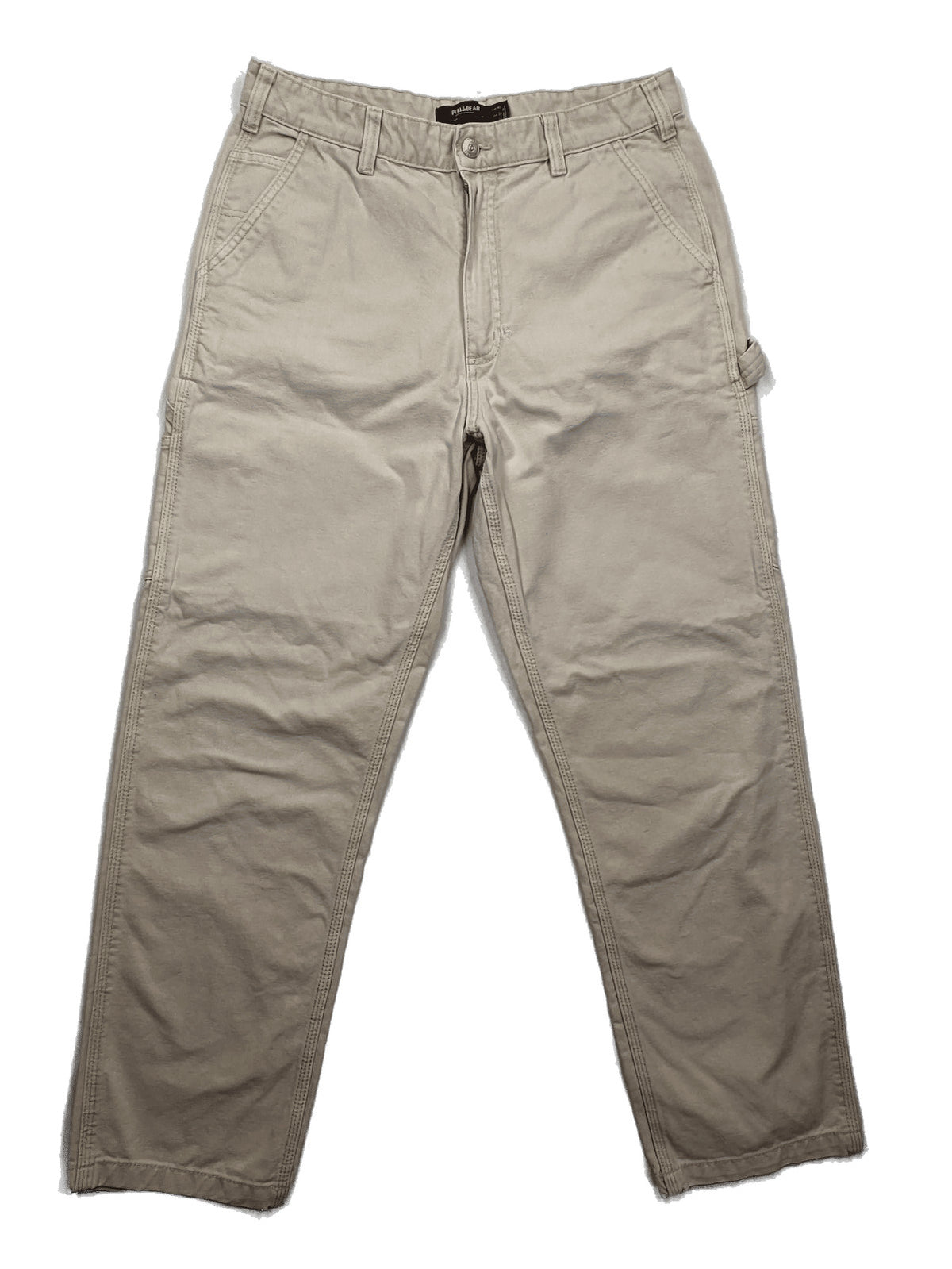 Pull&Bear beige carpenter pants with classic zipper, belt loops, and durable cotton material.