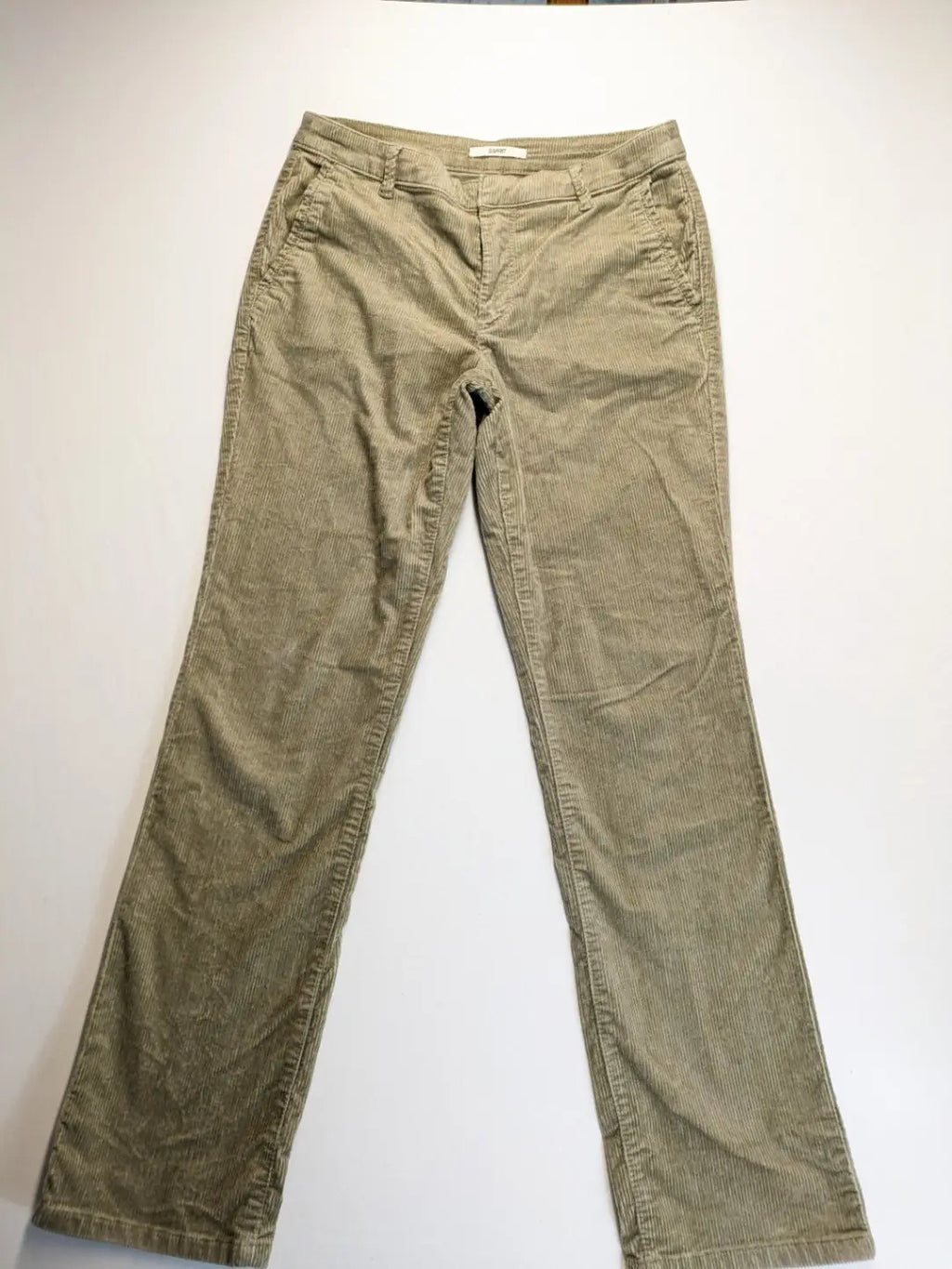 Esprit khaki pants with classic button fly, straight leg, and front pockets.