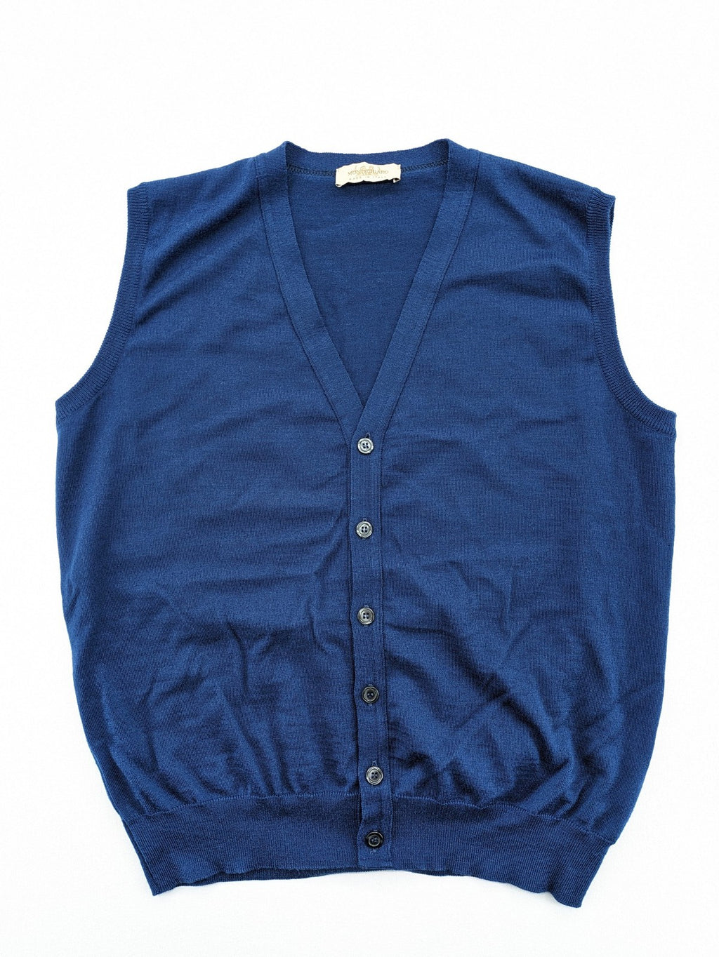 Montechiaro blue turtle neck jumper with V-neck, button placket, and sleeveless design.