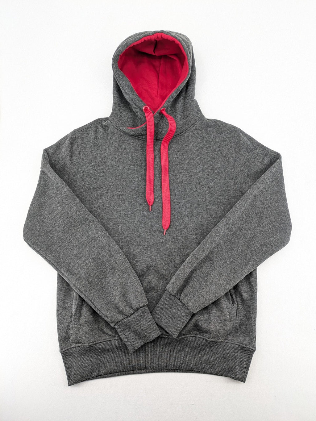 Bolf grey hoodie with pink contrast hood, kangaroo pocket, and ribbed cuffs.