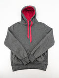 Bolf grey hoodie with pink contrast hood, kangaroo pocket, and ribbed cuffs.