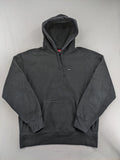 Supreme grey hoodie with embroidered small box logo, kangaroo pocket, and ribbed cuffs.