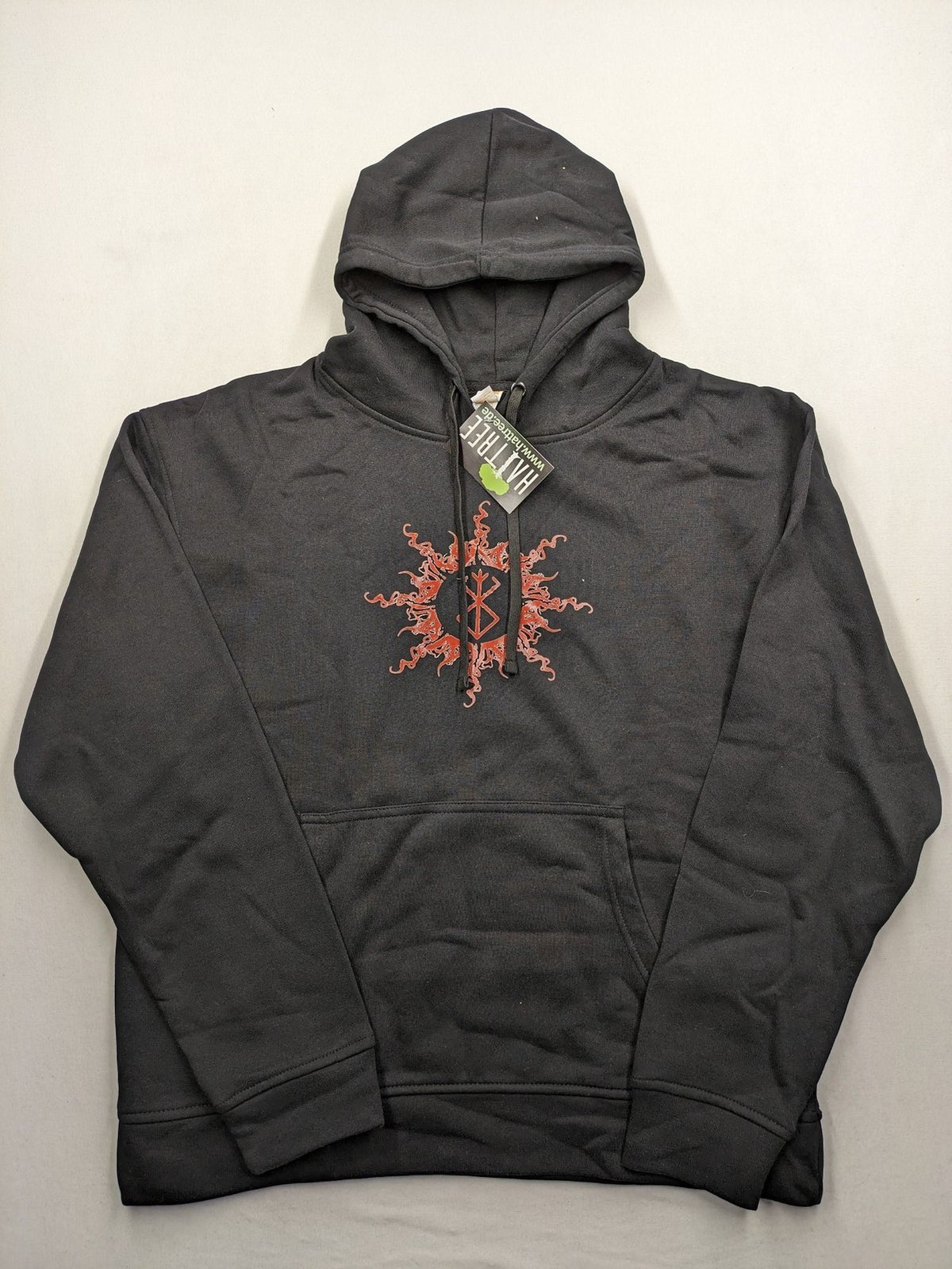 Berserk black hoodie with red Brand of Sacrifice logo and Vegvisir-inspired graphic.