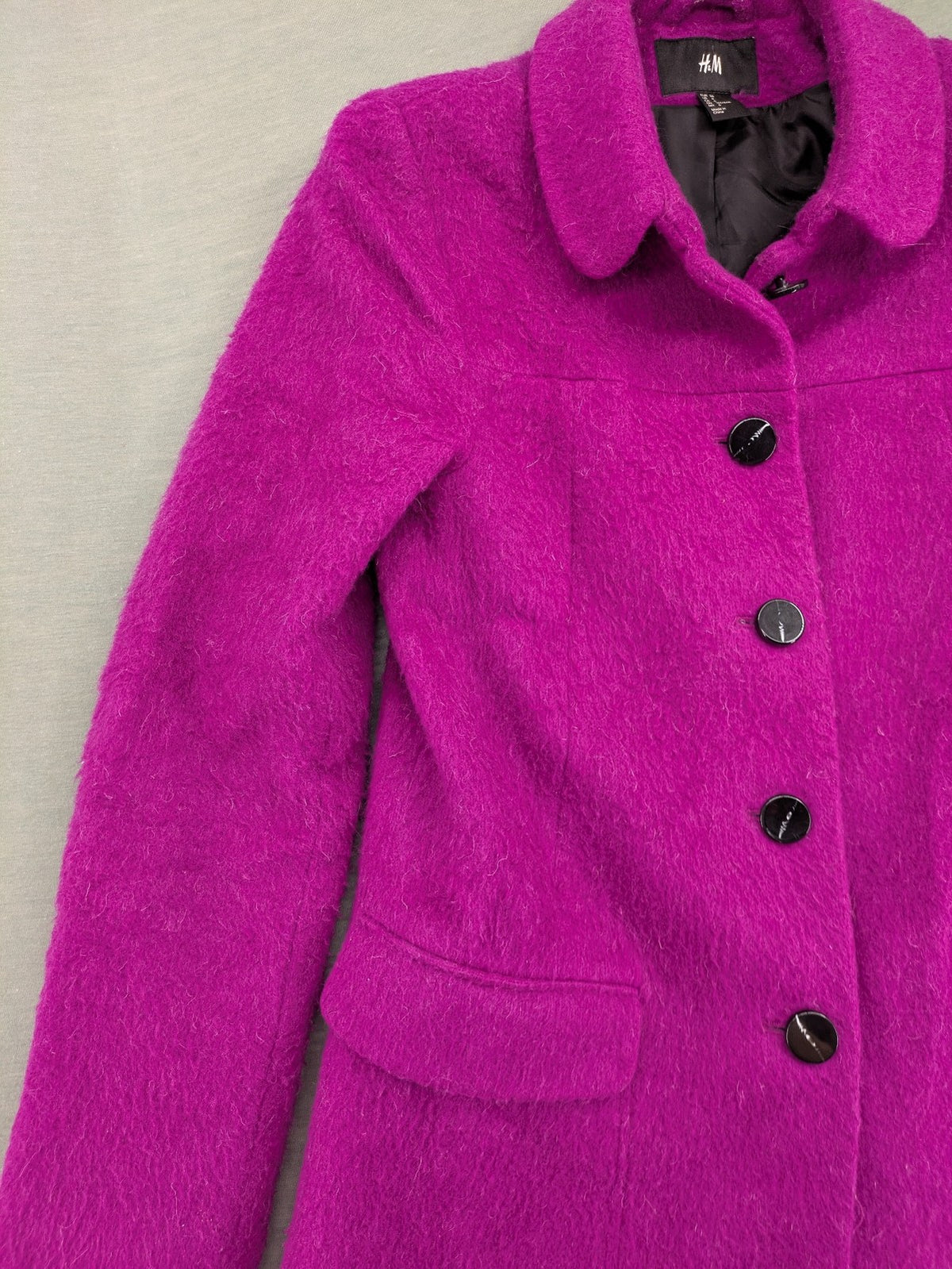 H&M purple coat classic collar vibrant fuchsia wool blend with button closure