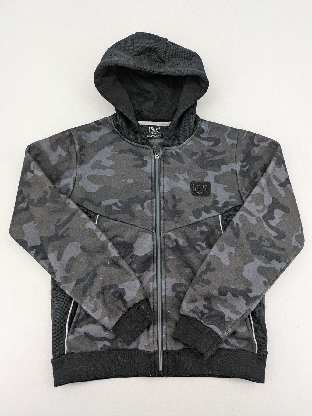 Everlast black grey camouflage jacket with full zip and attached hood.