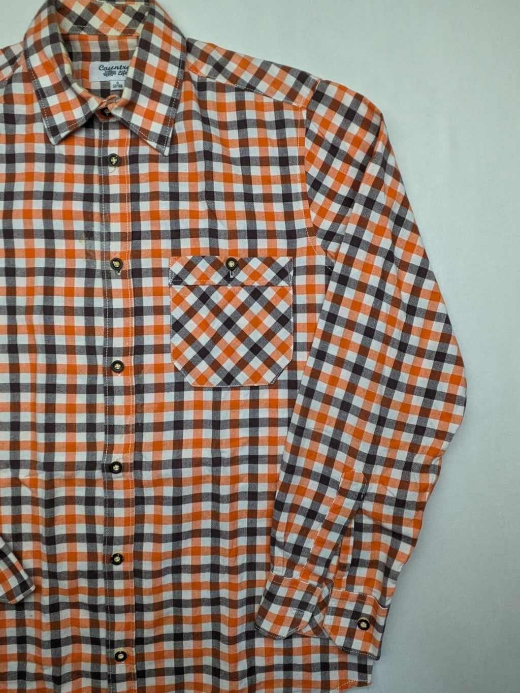 Country Life orange checkered shirt, 100% cotton, single chest pocket, button-down style.