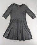 Ginatricot grey A-line skater dress with 3/4 sleeves and visible back zipper.